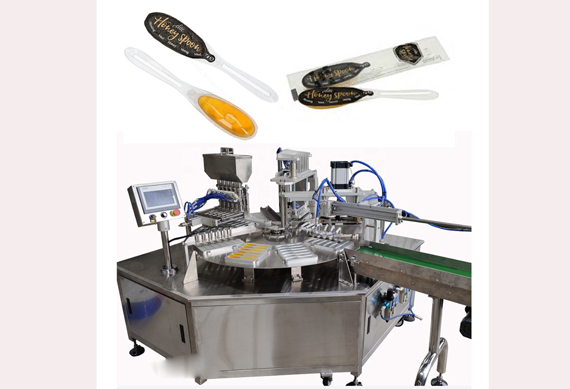 Trade assurance automatic rotary honey yogurt jelly juice water spoon filling sealing machine