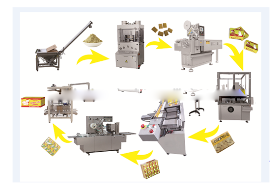 Shanghai cube making machine seasoning cube jumbo pressing wrapping packing boxing bagging counting bottling machine